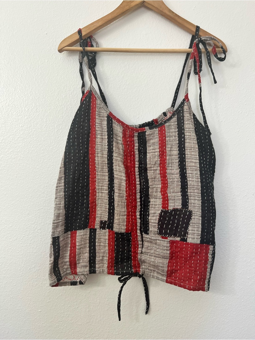 Kantha Bae Striped Tie-Shoulder Patchwork Tank Top - Red, Black & Cream